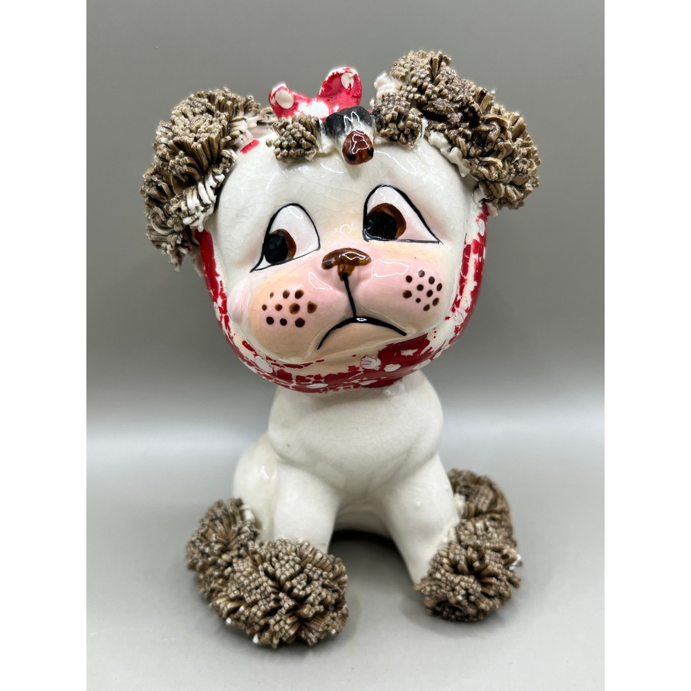 Vtg‎ Spaghetti Poodle Figurine White Ceramic Toothache Puppy Red Bow MCM 4.5"